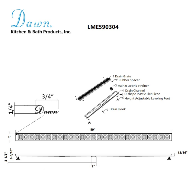 24 Inch Linear Drain with Adjustable Feet, Luxury Polished Finish Drain, Dawn USA LME240304