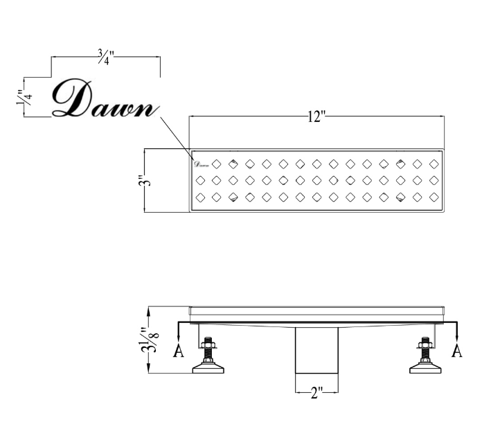 12 Inch Linear Drain with Leveling Feet, Dawn USA Mississippi River Series