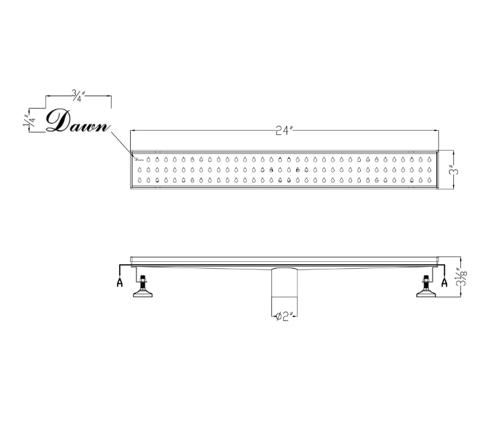 24 Inch Linear Drain with Adjustable Feet, Luxury Polished Finish Drain, Dawn USA LNE240304