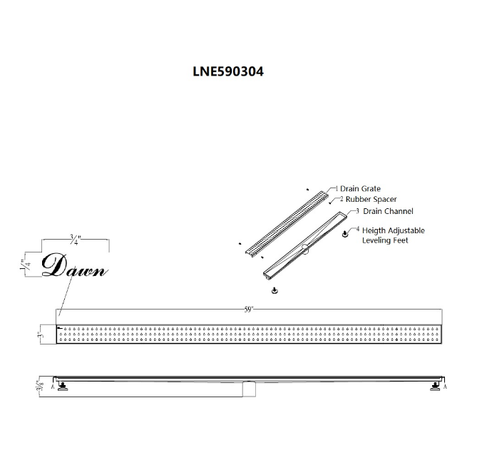 24 Inch Linear Drain with Adjustable Feet, Luxury Polished Finish Drain, Dawn USA LNE240304