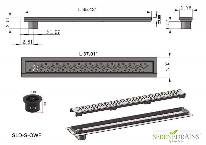 36 Inch Side Outlet Linear Shower Drain by SereneDrains