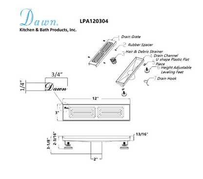 24 Inch Linear Drain with Adjustable Feet, Luxury Polished Finish Drain, Dawn USA LPA240304