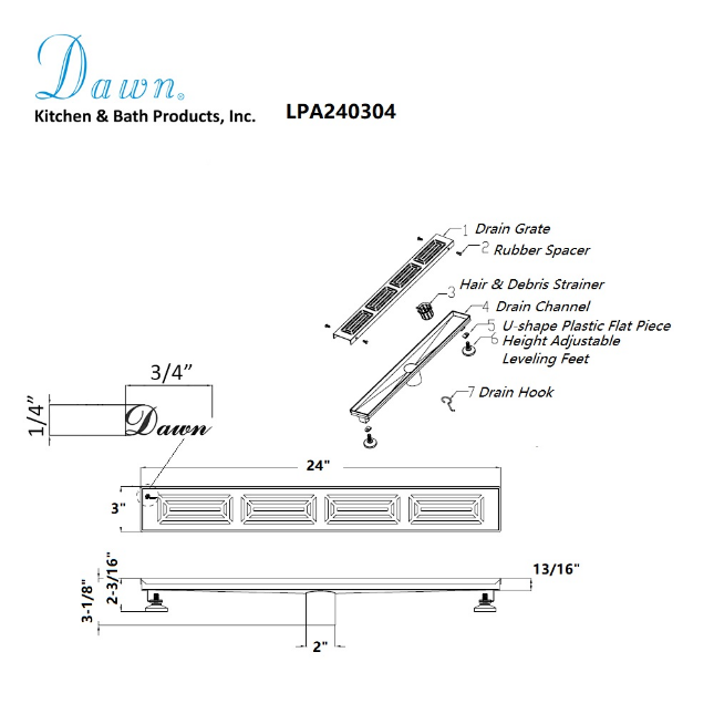 Dawn® 59 Inch Linear Shower Drain, Parana River In Argentina Series, Polished Satin Finish