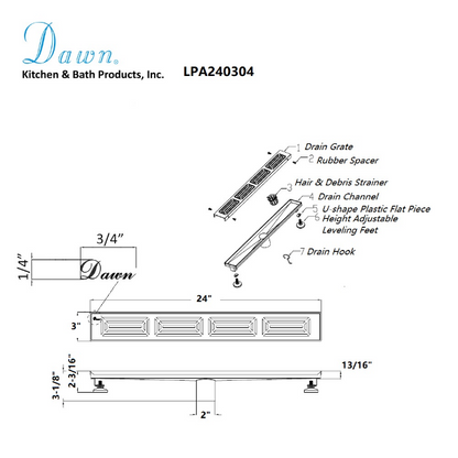 24 Inch Linear Drain with Adjustable Feet, Luxury Polished Finish Drain, Dawn USA LPA240304