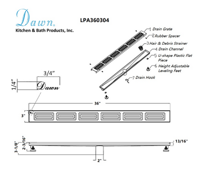 24 Inch Linear Drain with Adjustable Feet, Luxury Polished Finish Drain, Dawn USA LPA240304