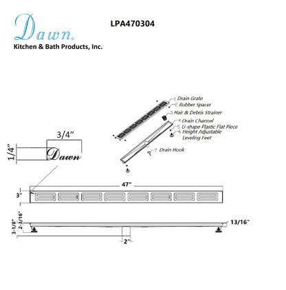 24 Inch Linear Drain with Adjustable Feet, Luxury Polished Finish Drain, Dawn USA LPA240304