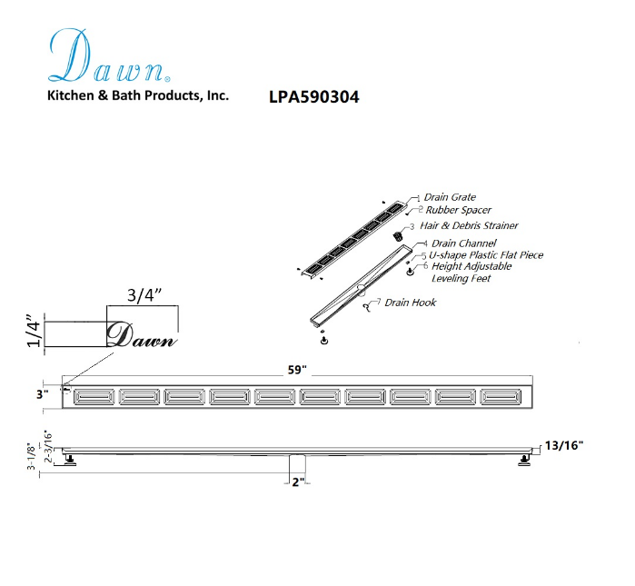 12 Inch Linear Drain with Leveling Feet, Dawn USA Parana River In Argentina Series