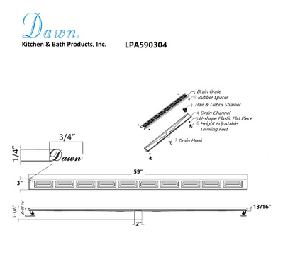 24 Inch Linear Drain with Adjustable Feet, Luxury Polished Finish Drain, Dawn USA LPA240304