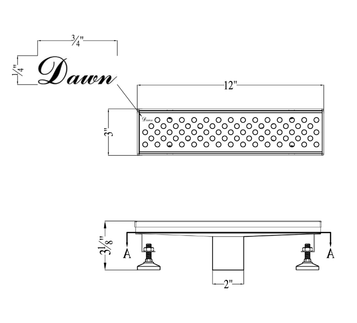 12 Inch Linear Drain with Adjustable Leveling Feet, Dawn USA Rhone River Series