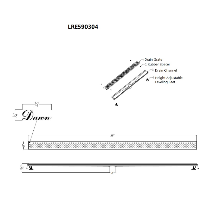 24 Inch Linear Drain with Adjustable Feet, Luxury Polished Finish Drain, Dawn USA LRE240304