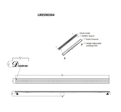 24 Inch Linear Drain with Adjustable Feet, Luxury Polished Finish Drain, Dawn USA LRE240304