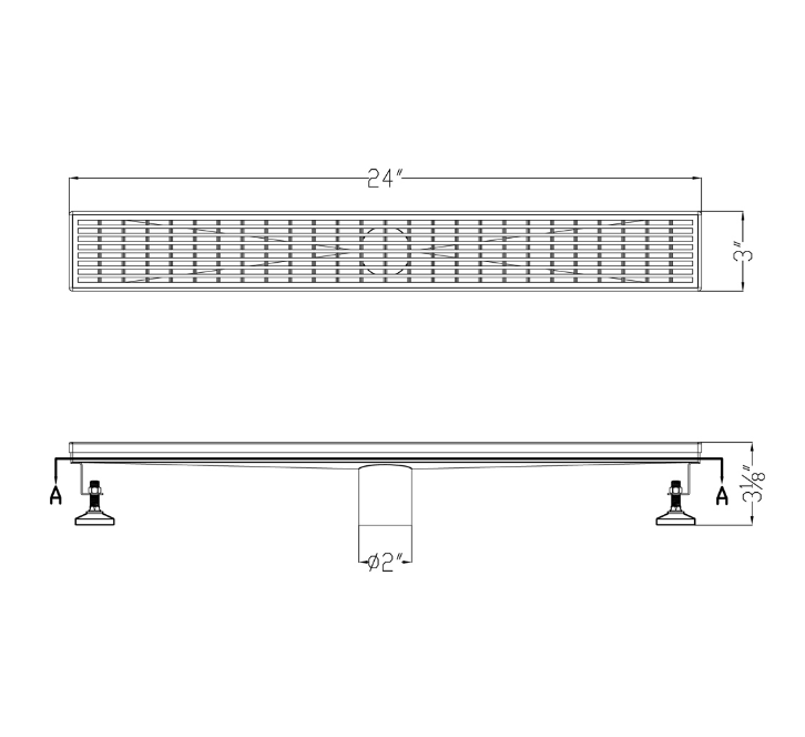24 Inch Linear Drain with Adjustable Feet, Luxury Polished Finish Drain, Dawn USA LWN240304