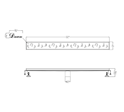 Dawn® 36 Inch Linear Shower Drain, Seine River Series, Polished Satin Finish