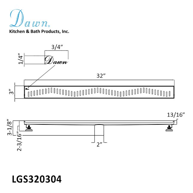 Dawn® 32 Inch Linear Shower Drain, Ganges River Series, Polished Satin Finish