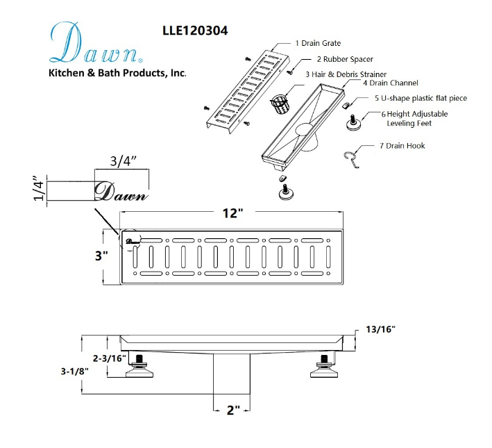 12 Inch Linear Drain with Leveling Feet, Dawn USA The Loire River In France Series