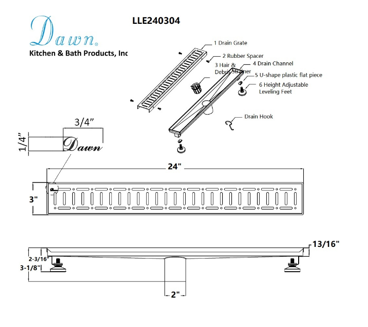 Dawn® 59 Inch Linear Shower Drain, The Loire River In France Series, Polished Satin Finish