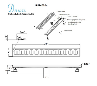 24 Inch Linear Drain with Adjustable Feet, Luxury Polished Finish Drain, Dawn USA LLE240304