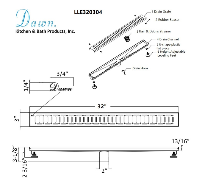 12 Inch Linear Drain with Leveling Feet, Dawn USA The Loire River In France Series