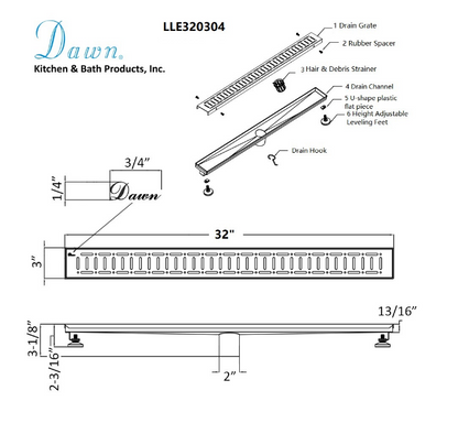 Dawn® 59 Inch Linear Shower Drain, The Loire River In France Series, Polished Satin Finish