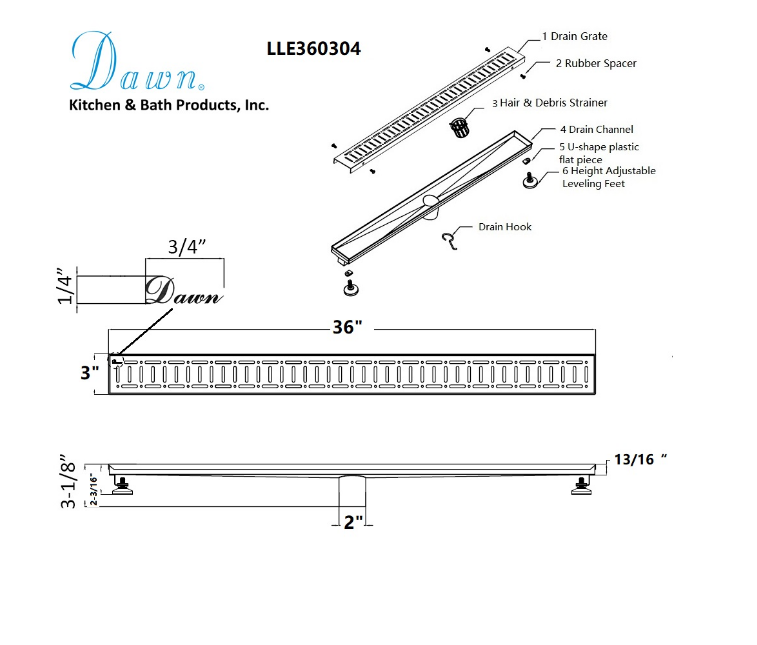 Dawn® 47 Inch Linear Shower Drain, The Loire River In France Series, Polished Satin Finish