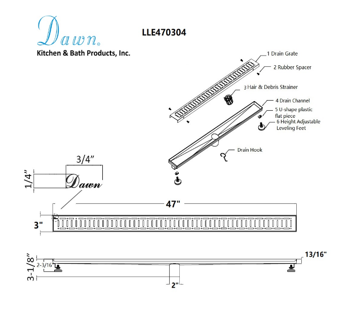 Dawn® 59 Inch Linear Shower Drain, The Loire River In France Series, Polished Satin Finish