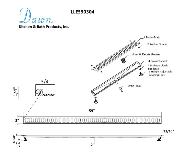 Dawn® 59 Inch Linear Shower Drain, The Loire River In France Series, Polished Satin Finish