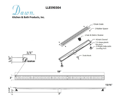 Dawn® 32 Inch Linear Shower Drain, The Loire River In France Series, Polished Satin Finish