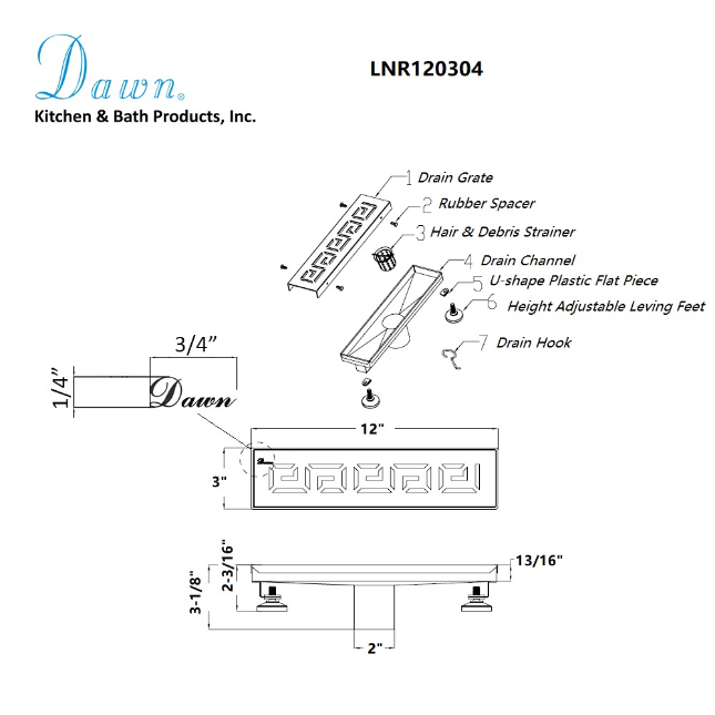 Dawn® 47 Inch Linear Shower Drain, The River Niger In Mali Series, Polished Satin Finish