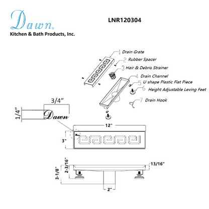 Dawn® 47 Inch Linear Shower Drain, The River Niger In Mali Series, Polished Satin Finish