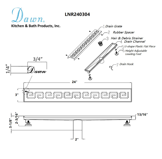 Dawn® 36 Inch Linear Shower Drain, The River Niger In Mali Series, Polished Satin Finish