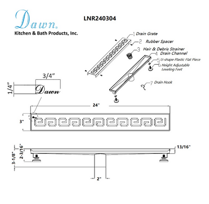 24 Inch Linear Drain with Adjustable Feet, Luxury Polished Finish Drain, Dawn USA LNR240304