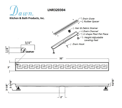 24 Inch Linear Drain with Adjustable Feet, Luxury Polished Finish Drain, Dawn USA LNR240304