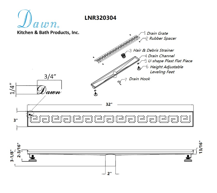 Dawn® 47 Inch Linear Shower Drain, The River Niger In Mali Series, Polished Satin Finish