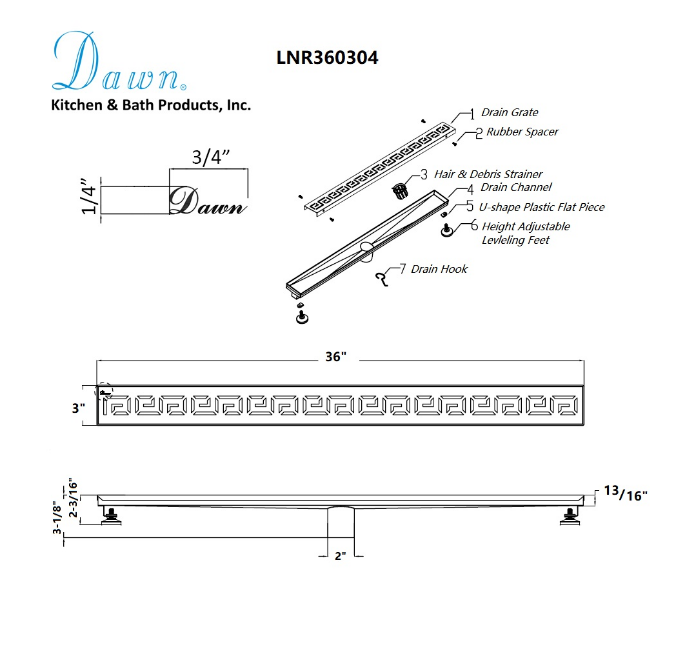 Dawn® 47 Inch Linear Shower Drain, The River Niger In Mali Series, Polished Satin Finish