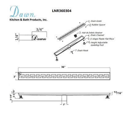 Dawn® 36 Inch Linear Shower Drain, The River Niger In Mali Series, Polished Satin Finish