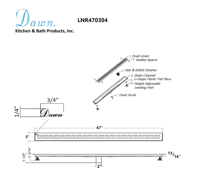 24 Inch Linear Drain with Adjustable Feet, Luxury Polished Finish Drain, Dawn USA LNR240304