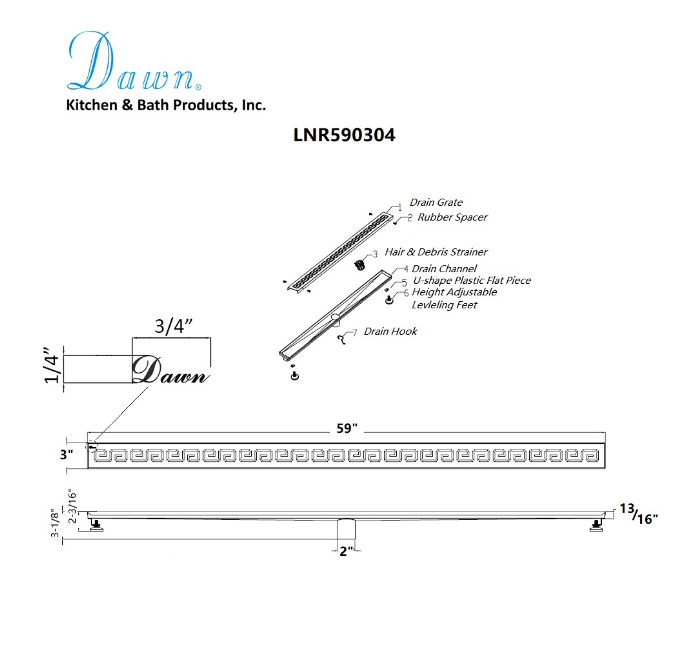 Dawn® 36 Inch Linear Shower Drain, The River Niger In Mali Series, Polished Satin Finish