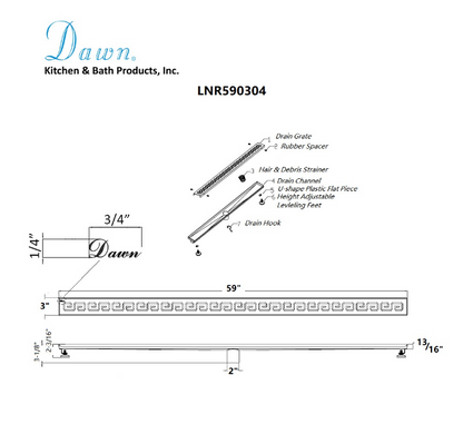 Dawn® 47 Inch Linear Shower Drain, The River Niger In Mali Series, Polished Satin Finish