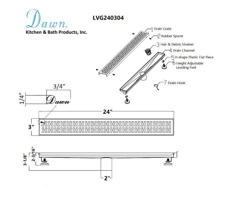 Dawn® 32 Inch Linear Shower Drain, Views Along The River Nile Series, Polished Satin Finish