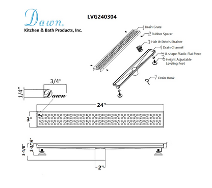 Dawn® 32 Inch Linear Shower Drain, Views Along The River Nile Series, Polished Satin Finish