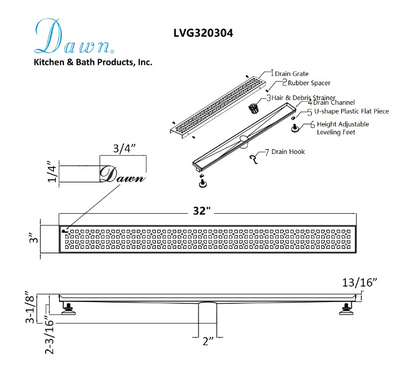 Dawn® 32 Inch Linear Shower Drain, Views Along The River Nile Series, Polished Satin Finish