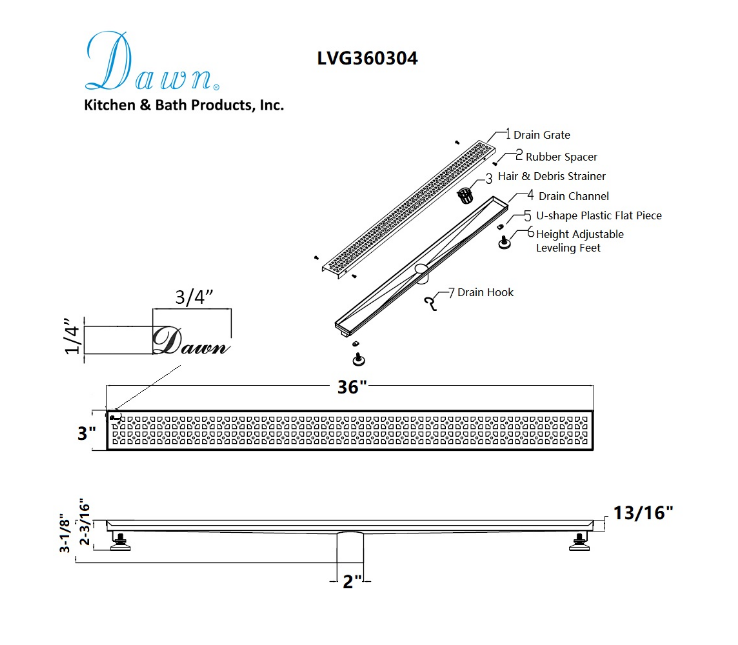 Dawn® 32 Inch Linear Shower Drain, Views Along The River Nile Series, Polished Satin Finish