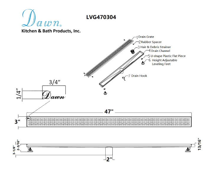 Dawn® 47 Inch Linear Shower Drain, Views Along The River Nile Series, Polished Satin Finish