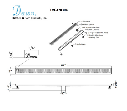 Dawn® 47 Inch Linear Shower Drain, Views Along The River Nile Series, Polished Satin Finish