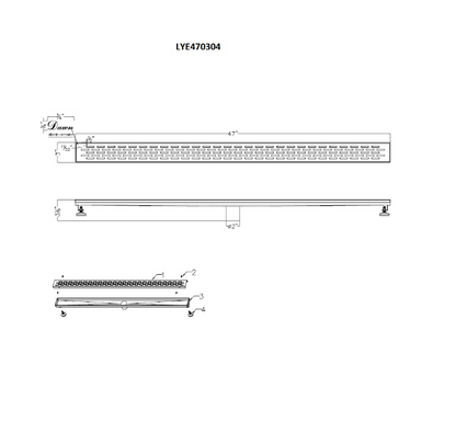 Dawn® 47 Inch Linear Shower Drain, Yangtze River Series, Polished Satin Finish