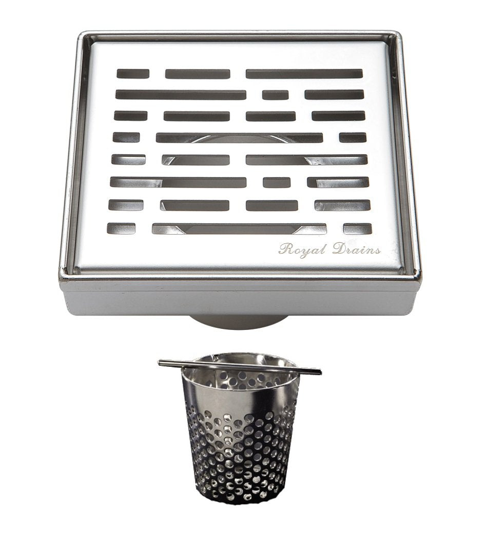 4 Inch Polished Chrome Square Shower Drain with Hair Trap Set (4 Designs)
