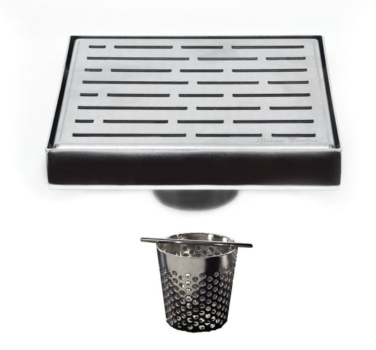 6 Inch Polished Stainless Steel Square Shower Drain with Hair Trap Set (2 Designs)