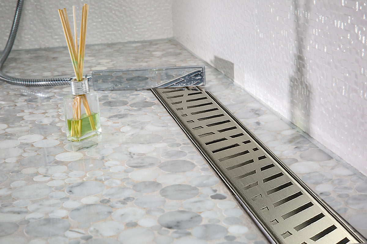 59 Inch Linear Shower Drain Brushed Finish Wind Design SereneDrains
