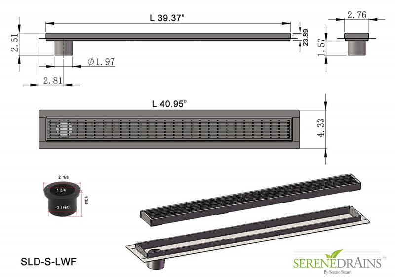 40 Inch Side Outlet Linear Shower Drain by SereneDrains