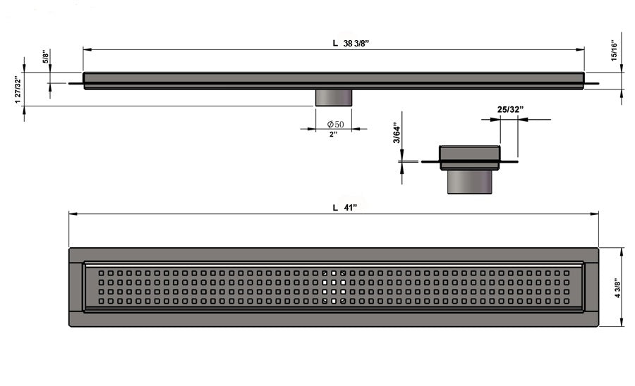 39 Inch Linear Shower Drain, Brushed Finish Traditional Square Design, SereneDrains